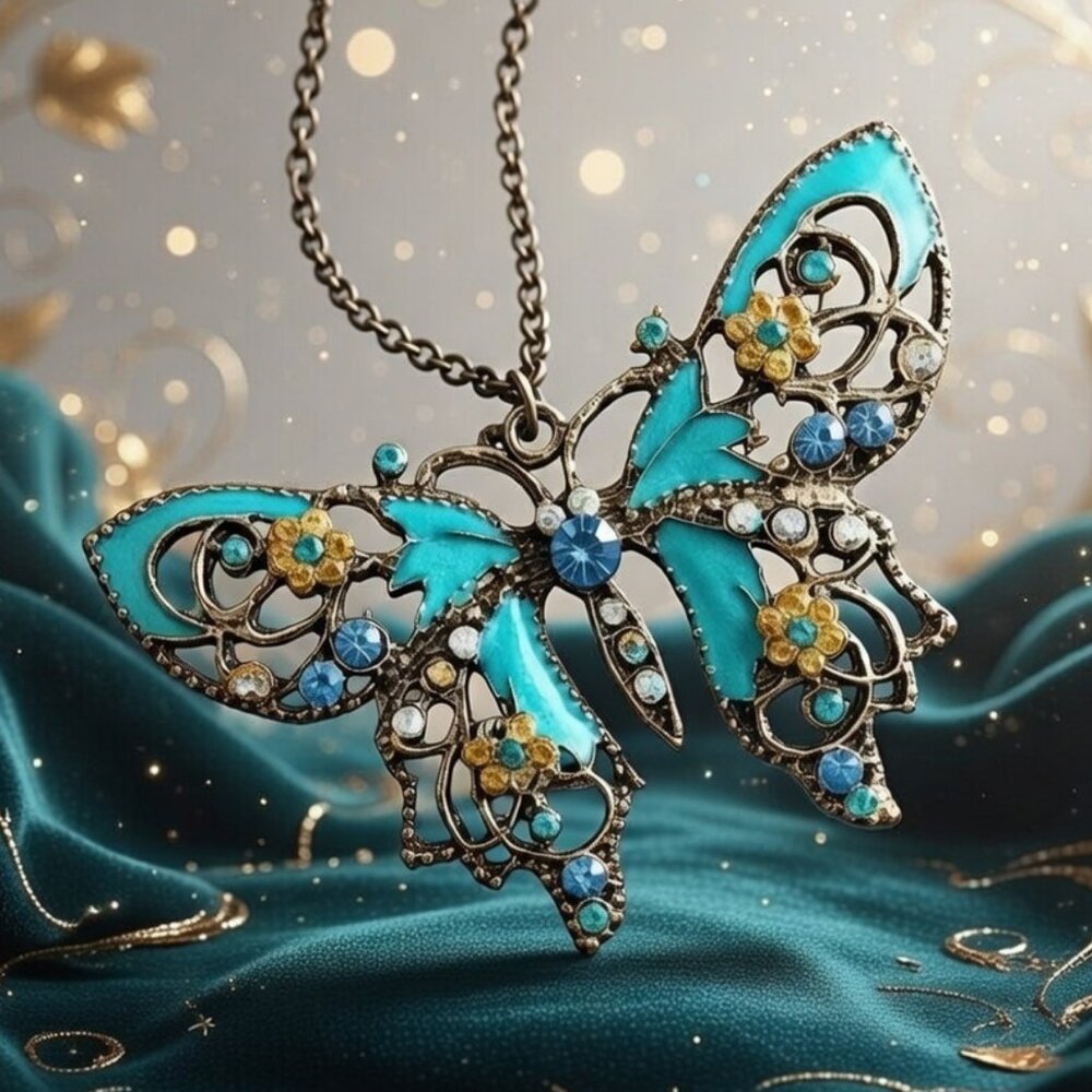 Boho Teal Butterfly Pendant Necklace Art Nouveau Enamel Rhinestone Cottagecore